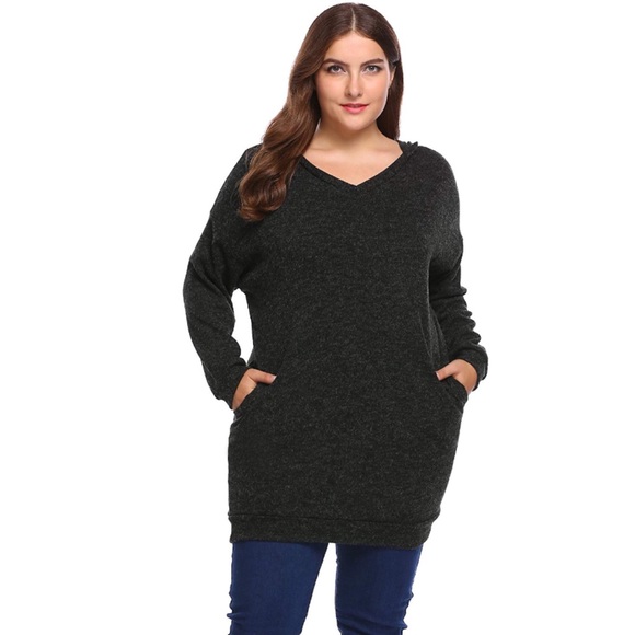 Sweaters - Cozy Charcoal Hoodie Tunic Sweater Dress w Pockets